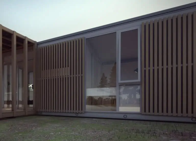 A modular building clad in verticle strips of wood.